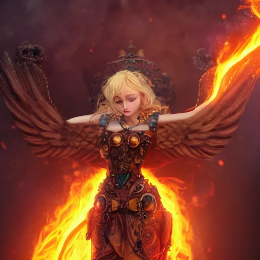 Image similar to pretty blond steampunk seraphim surrounded by lava, 8 k, shallow depth of field, 8 k, ultra high detail, concept art,