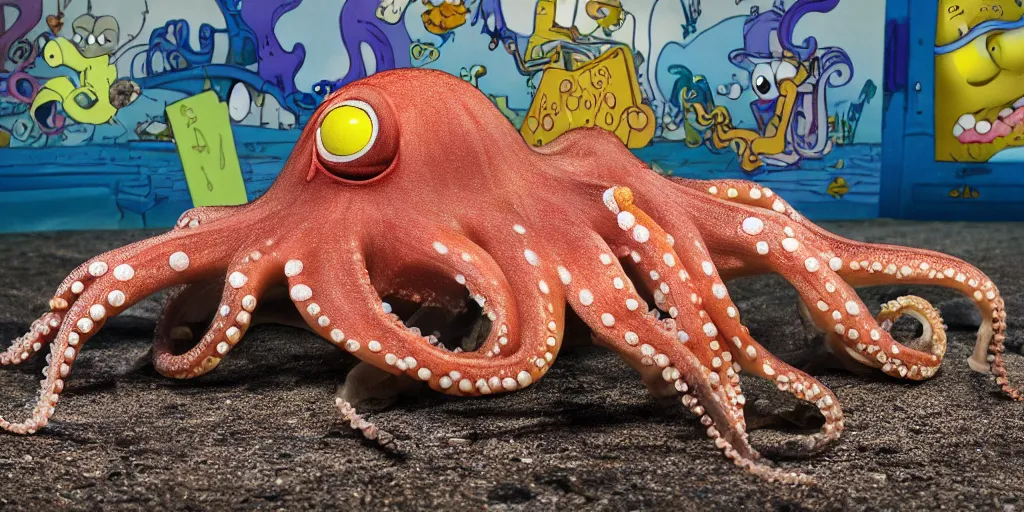 Image similar to an octopus that is addicted to crack, smoking crack, near spongebob's house, realistic, photograph, 4 k, high definition, portrait