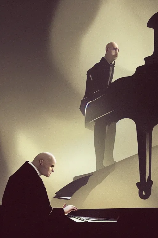 Image similar to an expressive portrait of agent 4 7 playing the piano in a monastery, dark background, red rim light, digital art, artstation, concept art by giger stalenhag