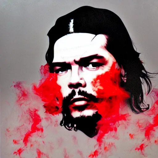 Image similar to colour masterpiece surreal closeup portrait photography of che guevara by miho hirano and annie leibovitz and michael cheval, red and grey smoke background, 8 k