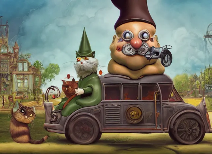 Prompt: matte sharp painting, close - up of a garden gnome driving a steampunk bus, a cat is holding onto the roof, juxtapoz, artforum, gary baseman, preston blair, tex avery, dan mumford, pedro correa
