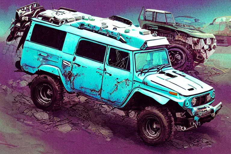 Image similar to digital illustration of a futuristic faded cyan mad max's fj 4 0 decrepit!!!! pursuit special, rusty!!! cyberpunk nissan fj cruiser heavily modded 1 9 9 0 s, the last v 8 interceptor by makoto shinkai, ilya kuvshinov, lois van baarle, rossdraws, basquiat