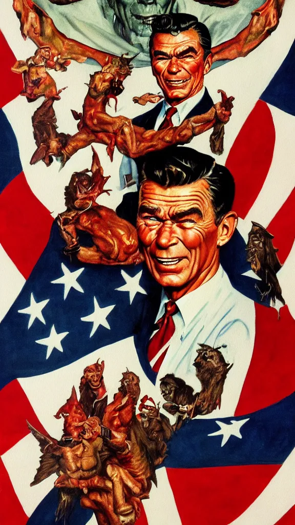 Image similar to satanic ronald regan, painting in the style of norman rockwell, 1 9 5 0 s, evil, satan, devil, demonic, demon, hyperrealistic, photorealistic, award - winning, 4 k, ultra hd, artstation, intricate, highly detailed, patriotic, american, usa, dark, gritty