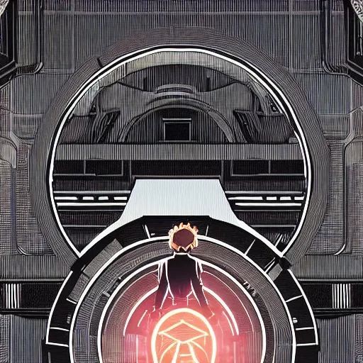 Image similar to in the style of max prentis and deathburger and laurie greasley a young wearing a cyberpunk headpiece who is standing infront of a large circular ancient glowing portal, highly detailed, 8k wallpaper