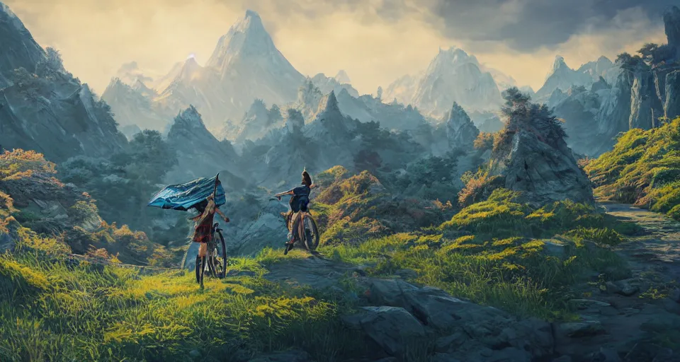 Image similar to An epic fantasy anime style landscape painting of a Mountainrange, with a Mountainbiker and a blue umbrella, unreal 5, DAZ, hyperrealistic, octane render, dynamic lighting