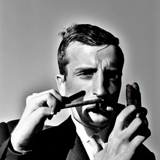 Prompt: cool guy smoking cigar, black and white by herbert list