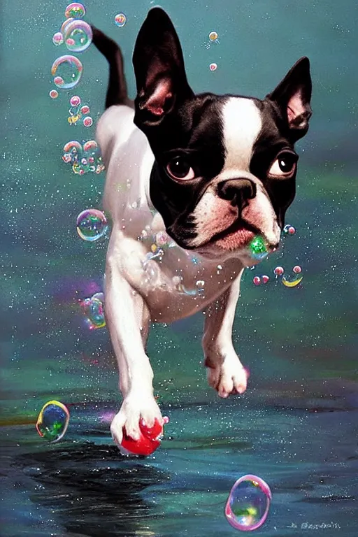 Image similar to a boston terrier chasing bubbles. clean elegant painting, beautiful details, lots of bubbles. by artgerm and greg rutkowski