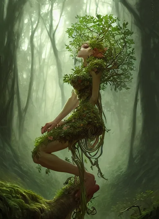 Image similar to a cute forest elemental, with fingers, fantasy, intricate, elegant, highly detailed, digital painting, artstation, concept art, wallpaper, smooth, sharp focus, illustration, art by artgerm and greg rutkowski and alphonse mucha