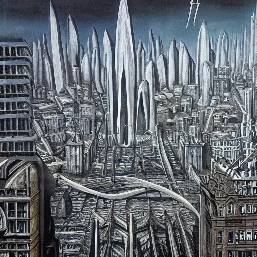 Image similar to city of london painted by hg giger