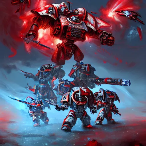 Image similar to a warhammer 4 0 0 0 0 artwork of a battle between space marines and tyranids. gradient blue to white to red. stunning illustration. highly detailed. artstation.