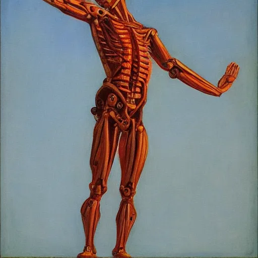 Image similar to biomechanical human raising his hands into the sky of the machine by edward hopper