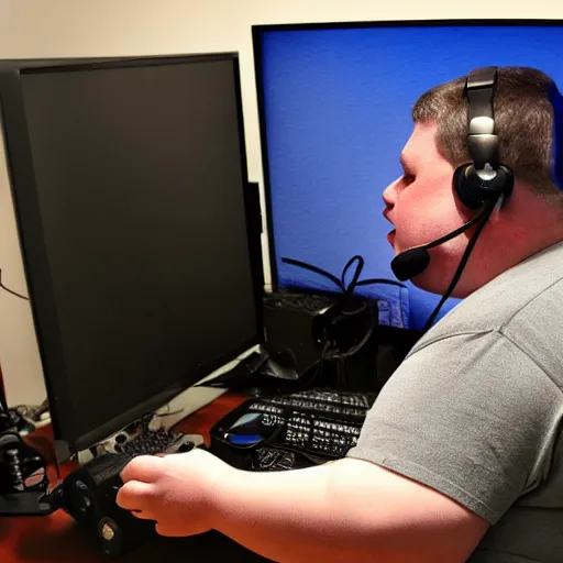 Image similar to obese Frank Miller wearing a headset yelling at his monitor while playing WoW highly detailed wide angle lens 10:9 aspect ration award winning photography