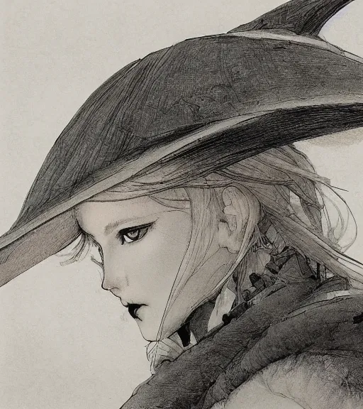 Image similar to portrait of fumo doll wearing witch hat, pen and ink, intricate line drawings, by craig mullins, ruan jia, kentaro miura, greg rutkowski, loundraw