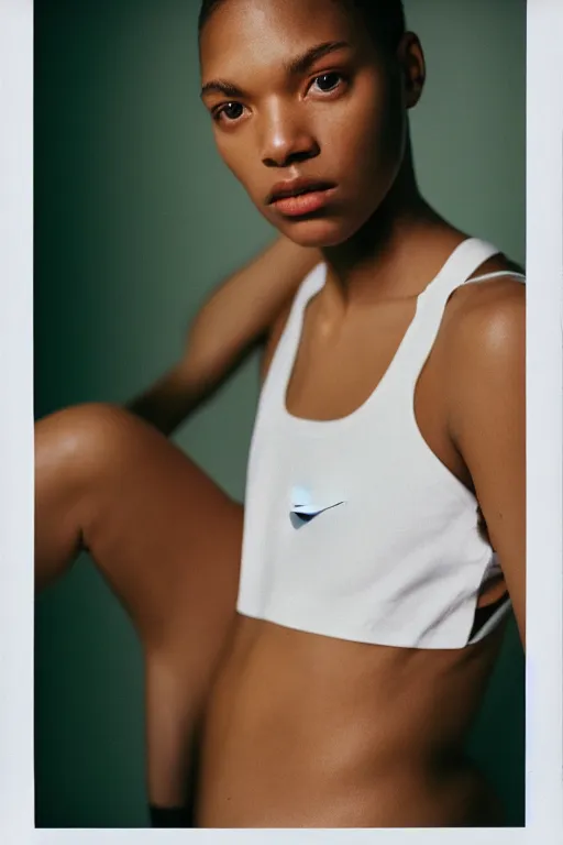 Image similar to realistic photoshoot for a new nike lookbook, color film photography, portrait of a beautiful woman in style of tyler Mitchell, 35mm, graflex