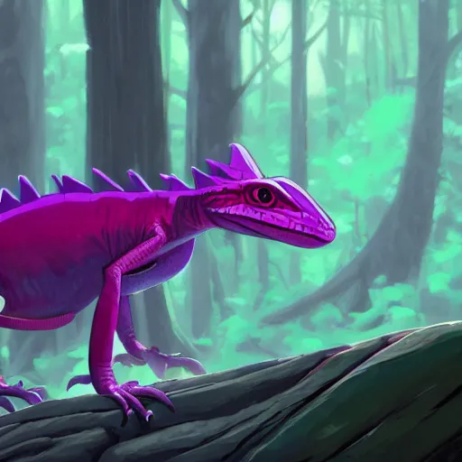 Image similar to concept art painting of an anthropomorphic lizard wearing magenta wizard robes, in the deep forest, realistic, detailed, cel shaded, in the style of makoto shinkai and greg rutkowski and james gurney