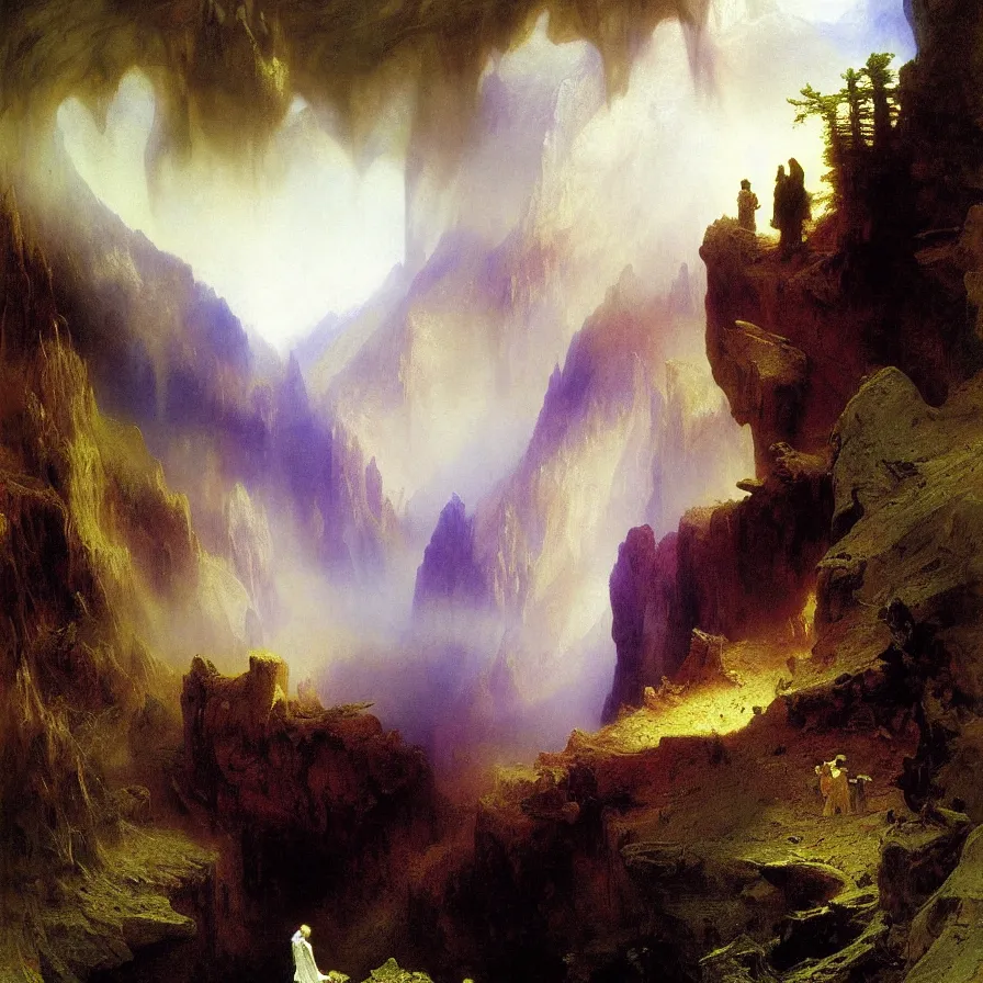 Prompt: artwork about being the last human on earth, painted by thomas moran and albert bierstadt. monochrome color scheme.