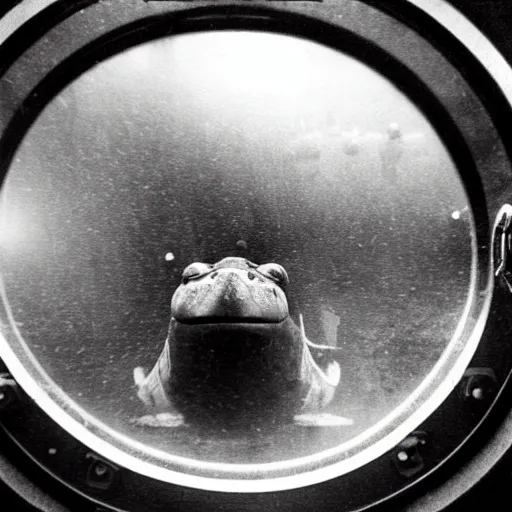 Image similar to an old black and white photo of a nightmarish sea monster seen through the porthole of a submarine, underwater, creepy, scary, dark,