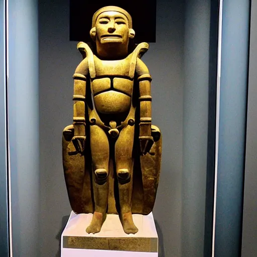 Image similar to futuristic ancient astronaut arrived through a portal, welcoming the humanity, ancient statue in museum