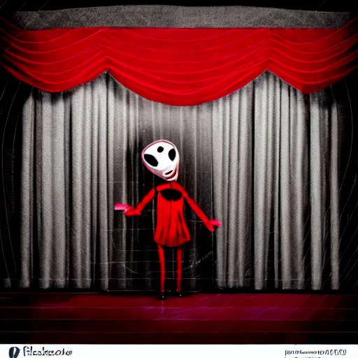 Prompt: puppet on string behind red curtains, an album cover, very dark ambiance, scary, surrealism, no watermark