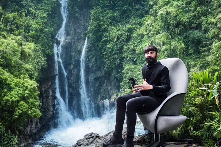 Image similar to young man with a grey beard in a cyberpunk suit sitting on a futuristic chair at the edge of a jungle waterfall