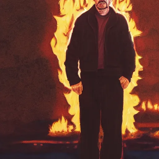 Prompt: a photo of walter white standing in front of a building on fire, highly detailed, 4 k