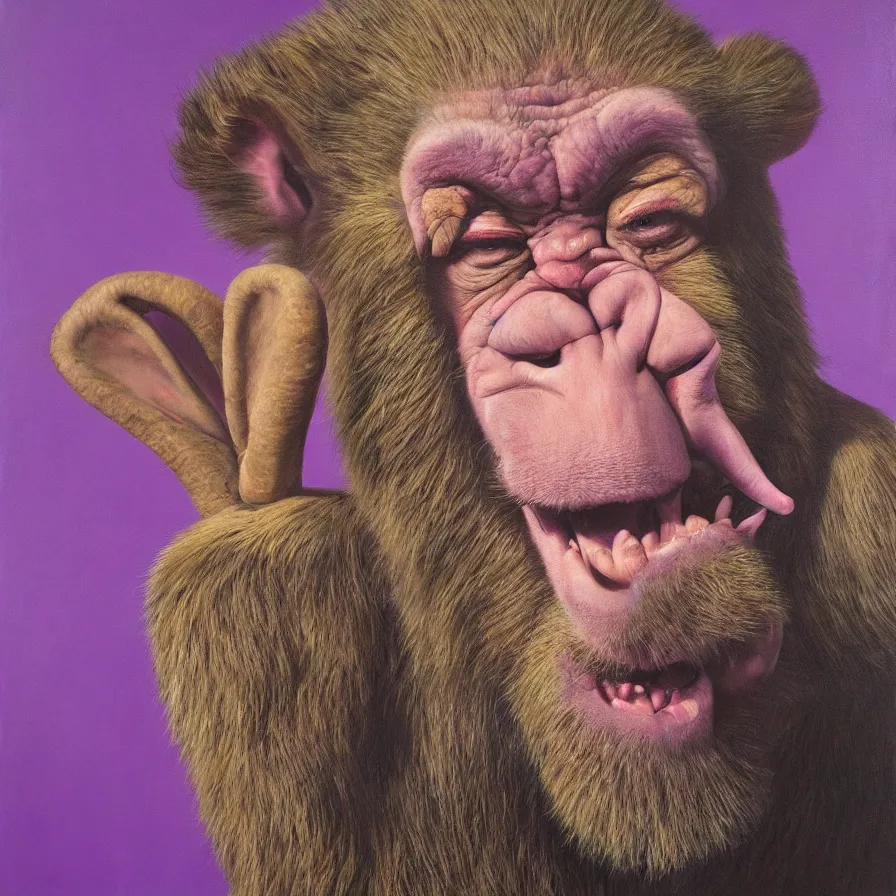Prompt: hyper realistic portrait painting by chuck close, studio lighting, brightly lit purple room, an ape with antlers laughing, a giant rabbit clown crying