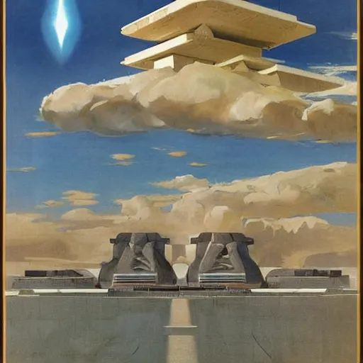 Image similar to dreamy landscape. science fiction. cinematic sci - fi scene. symmetry. accurate anatomy. science fiction theme. brutalism. intricate detail. epic. intimidating. retrofuturism. art by john singer sargent - akira toriyama - joaquin sorolla - ralph mcquarrie