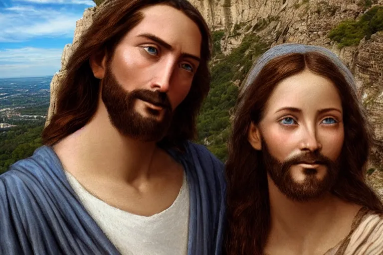 Prompt: an extreme close - up photo of jesus and mary magdalene standing on a cliff looking over a beautiful landscape in france, rennes - le - chateau, award winning photo, very detailed, very realistic cinematic