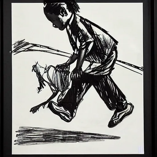 Image similar to award winning william kentridge drawing of a south african boy dashing home across a childrens story illustration urban township landscape, to save his little brother, who is accidentally playing with parafin