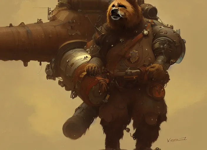 Image similar to a bear with a giant cannon in the back, elegant, technology, highly detailed, digital painting, artstation, concept art, smooth, sharp focus, illustration, art by krenz cushart and artem demura and alphonse mucha