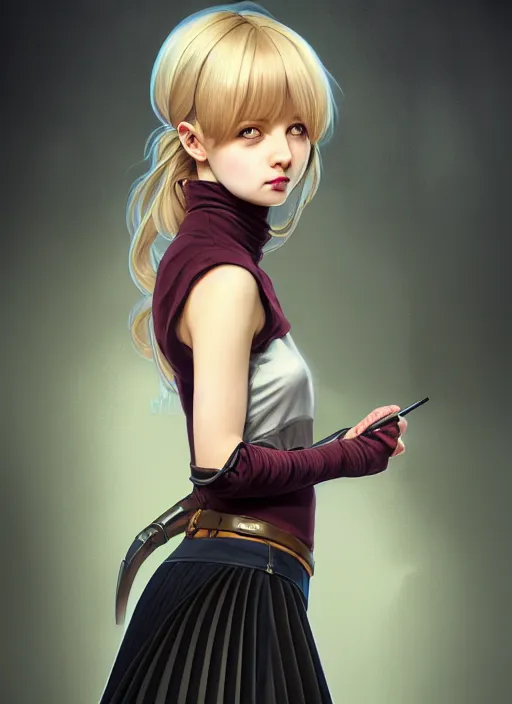 Image similar to portrait of a full body of beautiful young female detective, d & d, sleeveless turtleneck, pleated skirt, fantasy, flat lighting, intricate, highly detailed, digital painting, artstation, concept art, smooth, sharp focus, illustration, misa amane, art by simon bisley and greg rutkowski and alphonse mucha, natural tpose