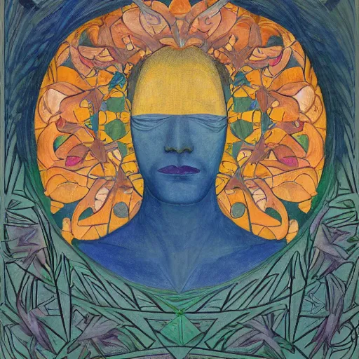 Image similar to painting of a facemask made of flowers, by annie swynnerton and jean delville and edward hopper and evelyn de morgan and rufino tamayo, art deco flower shaman, art brut, outsider art, symbolist, dramatic lighting, god rays, elaborate geometric ornament, clean crisp graphics, smooth sharp focus, extremely detailed, adolf wolfli