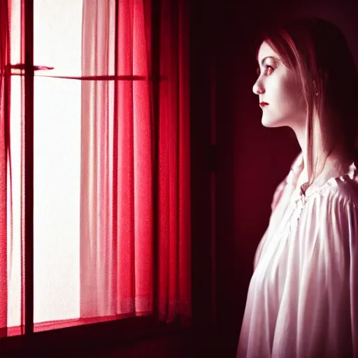 Image similar to woman wearing white and red looking outside the window in her bedroom at night, elegant, highly detailed, 8 k, photorealistic, photography, real picture, heavy grain, studio lighting, hdr