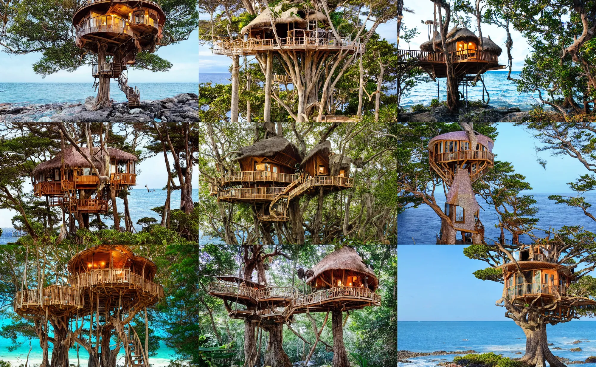 Prompt: glitter style of a mystical island treehouse on the ocean