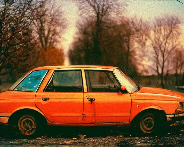 Image similar to a lomographic photo of old lada 2 1 0 7 standing in typical soviet yard in small town, hrushevka on background, cinestill, bokeh