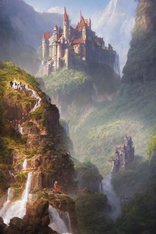 Image similar to a beautiful digital painting of a castle carried by gigantic human statues, huge waterfalls, lovely valley by James Gurney, by Greg Rutkowski, concept art, octane render, trending on artstation, 8k