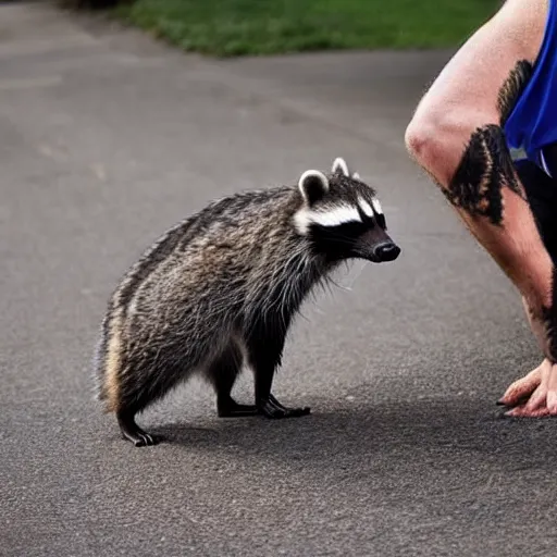 Prompt: a man with a raccoon's head doing push ups