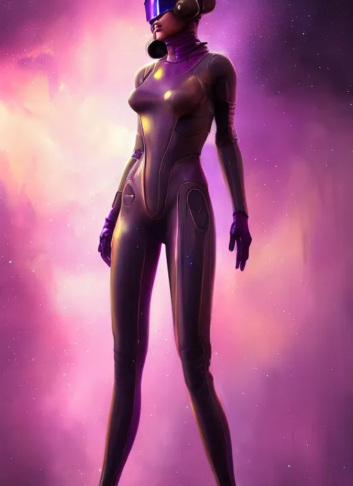 Image similar to young woman : : soft purple - gold galactic cyberpunk : : weta disney pixar movie still photo : : hi - fructose, sci fi, fantasy, decadent highly - detailed digital painting, heroic pose, full length shot, golden ratio, octane render, artstation, smooth, sharp focus, artgerm, mucha, loish, wlop, gogo