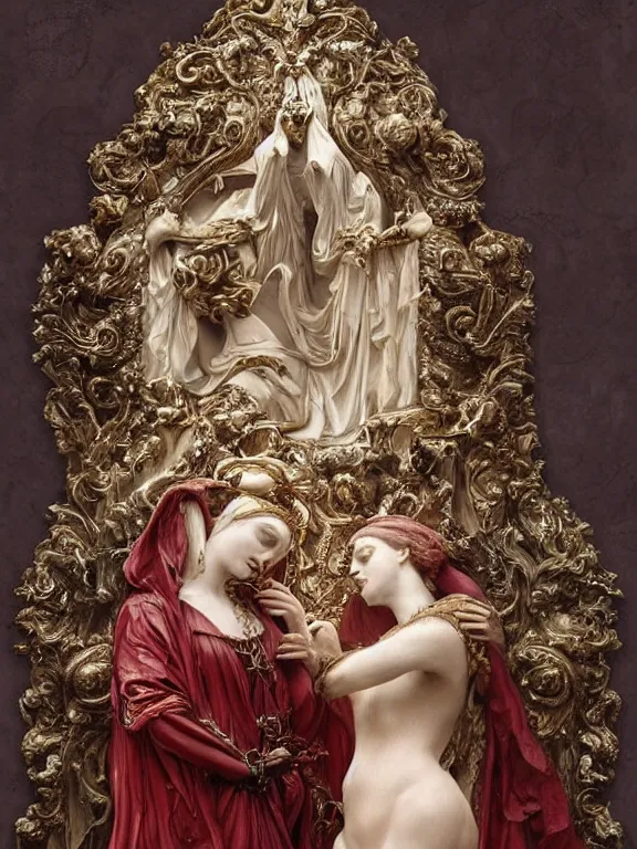 Image similar to a beautiful render of baroque catholic veiled sculpture, the red queen and the white queen pieta, with symmetry intricate detailed,by Lawrence Alma-Tadema, peter gric,aaron horkey,Billelis,trending on pinterest,hyperreal,jewelry,gold,intricate,maximalist,glittering,golden ratio,cinematic lighting