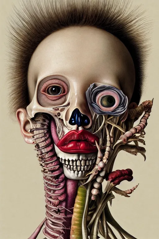 Image similar to Detailed maximalist portrait with large lips and eyes, scared expression, botanical anatomy, skeletal with extra flesh, HD mixed media, 3D collage, highly detailed and intricate, surreal illustration in the style of Jenny Saville, dark art, baroque, centred in image