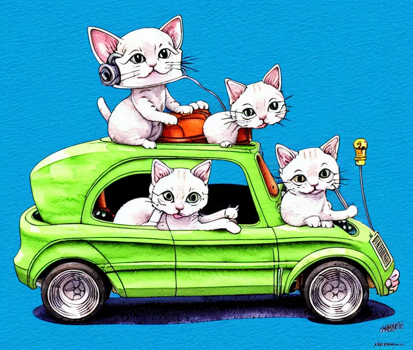 Image similar to cute and funny, kitten wearing a helmet riding in a tiny hot rod with oversized engine, ratfink style by ed roth, centered award winning watercolor pen illustration, isometric illustration by chihiro iwasaki, edited by range murata, tiny details by artgerm and watercolor girl, symmetrically isometrically centered