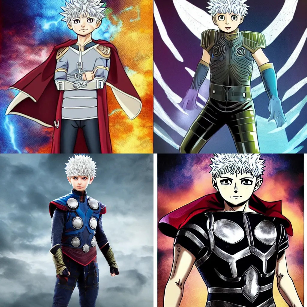 Prompt: adult killua zoldyck in thor's dark world mcu armor,