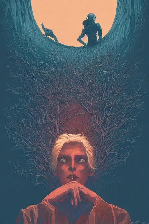 Image similar to poster artwork by Michael Whelan and Tomer Hanuka, Karol Bak of the egregore, from scene from Twin Peaks, clean, simple illustration, nostalgic, domestic, full of details