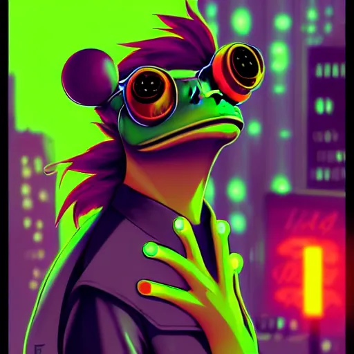 Image similar to beautiful furry digital art portrait commission of an androgynous anthro frog fursona wearing punk clothes in the streets of a cyberpunk city. neon signs. character design by charlie bowater, ross tran, artgerm, and makoto shinkai