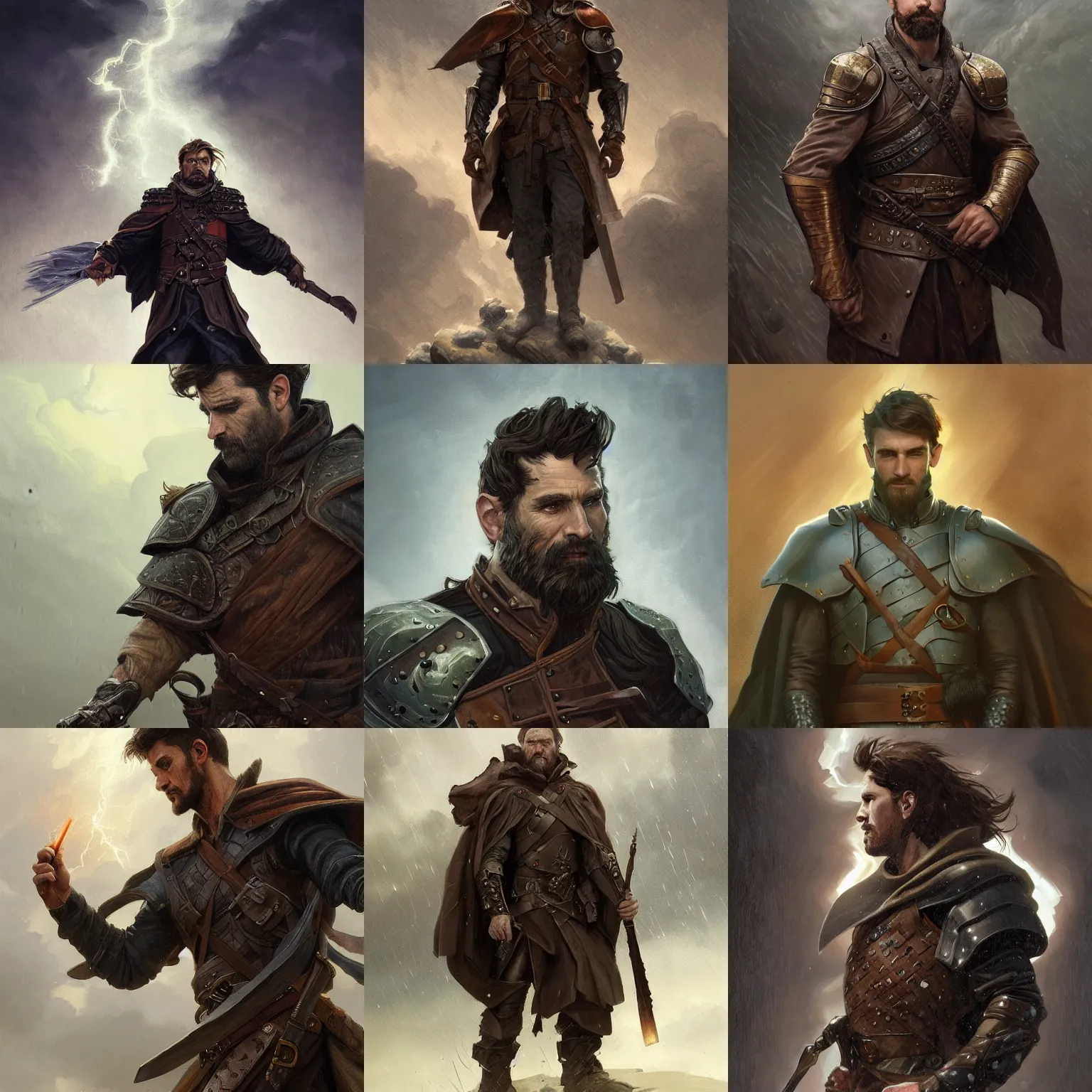 Prompt: portrait of a ruggedly handsome wizard soldier with short brown hair and stubble wearing leather armor and a cape summoning a storm cloud, half body, fantasy, highly detailed, digital painting, artstation, concept art, character art, art by greg rutkowski and tyler jacobson and alphonse mucha