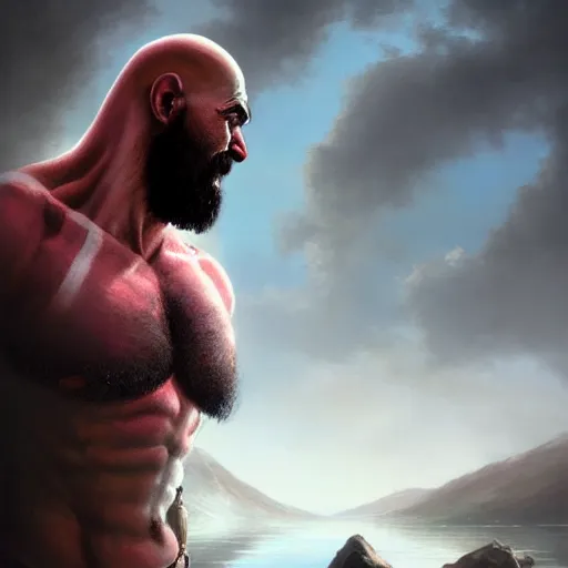 Image similar to kratos closeup portrait, dramatic light, lake background, 2 0 0 mm focal length, painted by stanley lau, painted by greg rutkowski, painted by stanley artgerm, digital art, trending on artstation