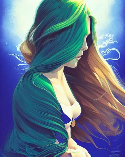 Prompt: style artgerm, joshua middleton, beautiful kristen bell with green dress, very long blue hair, water powers water swirling, symmetrical face, symmetrical eyes, detailed, beach setting, cinematic lighting