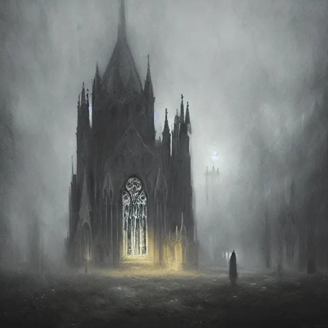 Image similar to a gothic cathedral on a hill, fog, nebbia, dramatic atmosphere, highly detailed, cinematic lighting, perfect composition, artem demura
