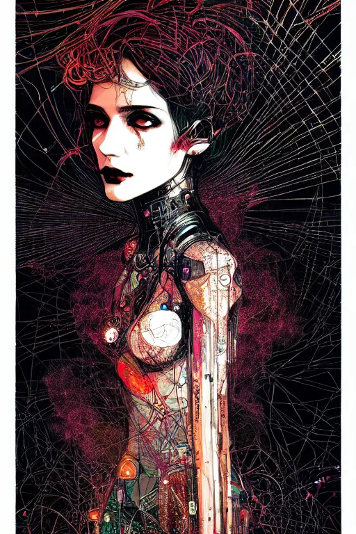 Image similar to dreamy cyberpunk girl, abstract black leather, digital nodes, beautiful woman, detailed acrylic, grunge, intricate complexity, by dan mumford and by harry clarke, peter lindbergh