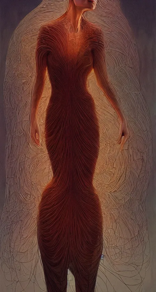 Image similar to a piece called the two sizes too big, a beautiful surrealist rendering portrait of an insecure gorgeous woman by dan mumford and beksinski, wearing a dress by iris van herpen and mulleavy, cinematic lighting, dynamic edgy elegant pose like a dancer, full subject in frame standing on a stage